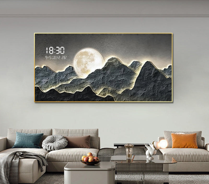 Glowing mountain with Moon LED+ Digital clock |120x60cm
