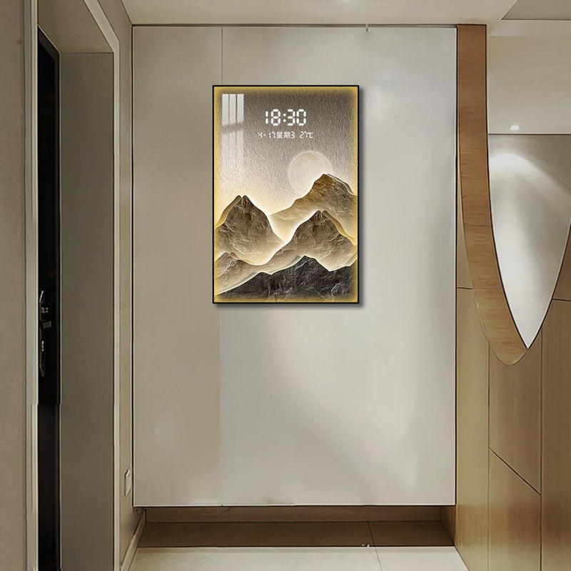 Wall clock with crystal art for living room-Mountain landscape