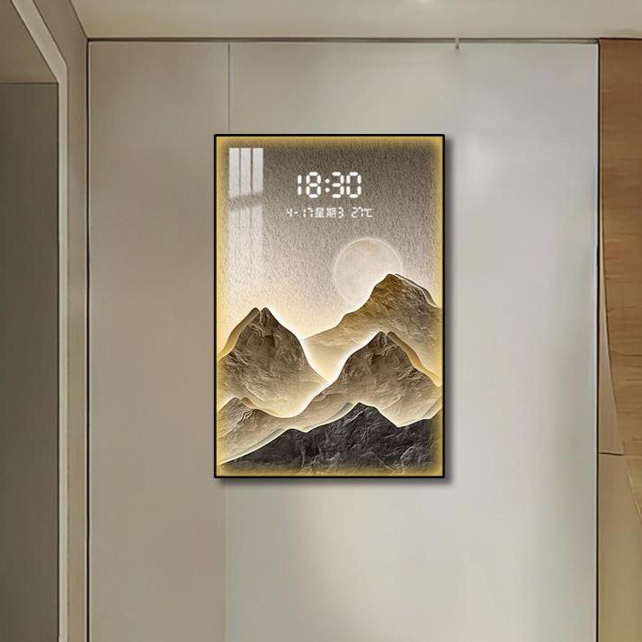 Wall clock with crystal art for living room-Mountain landscape