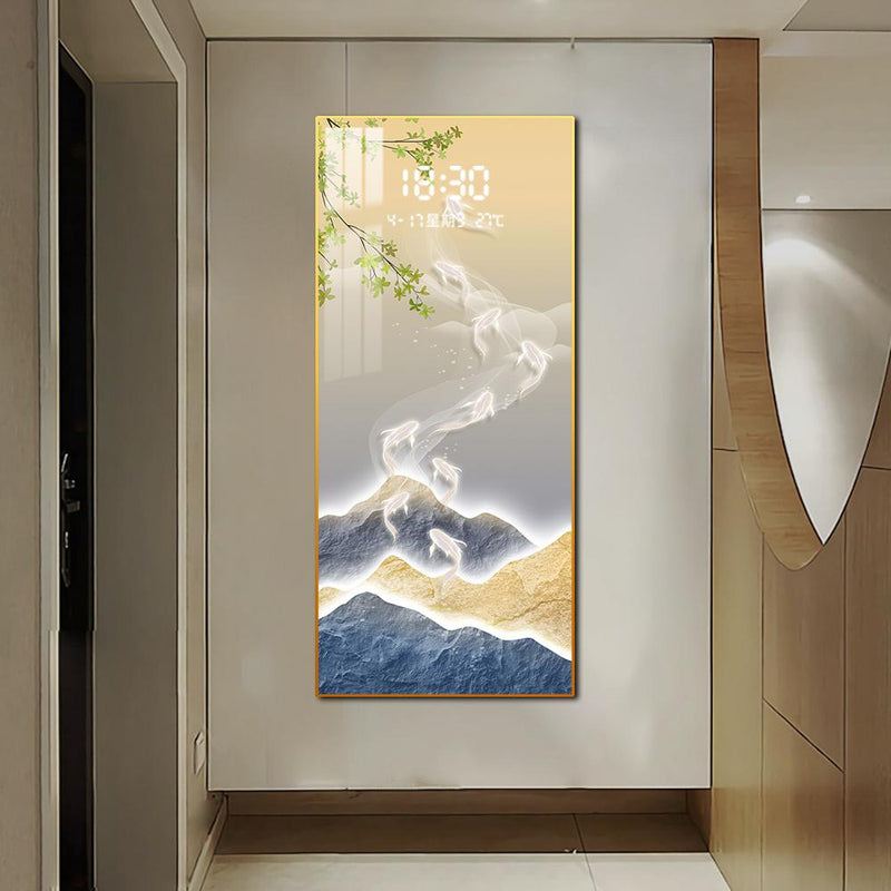Wall clock with crystal art for living room-Landscape wall painting