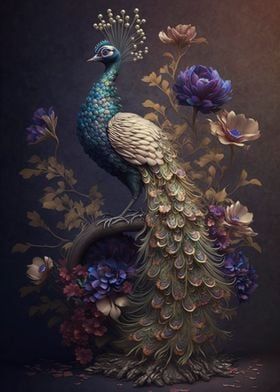 Beautiful peacock with floral pattern| 350 GSM Gallery-Wrapped Canvas on Premium 1x1 inch Pine Wood Frame"