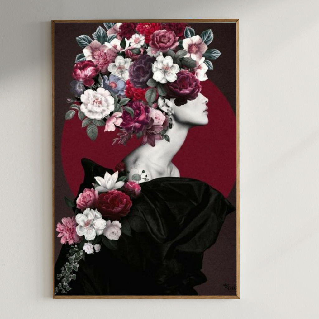 Beautiful lady with flowers on head| 350 GSM Gallery-Wrapped Canvas on Premium 1x1 inch Pine Wood Frame"