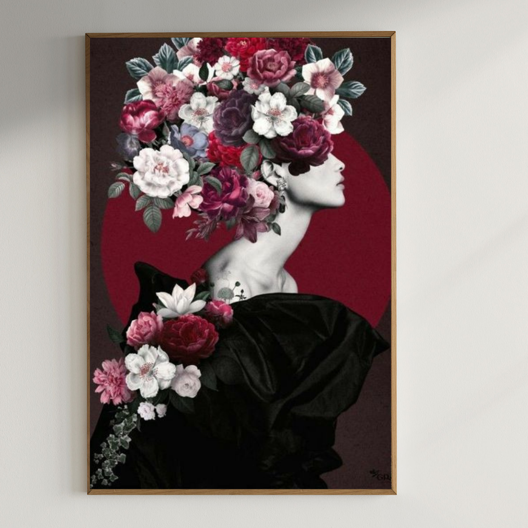 Beautiful lady with flowers on head| 350 GSM Gallery-Wrapped Canvas on Premium 1x1 inch Pine Wood Frame"