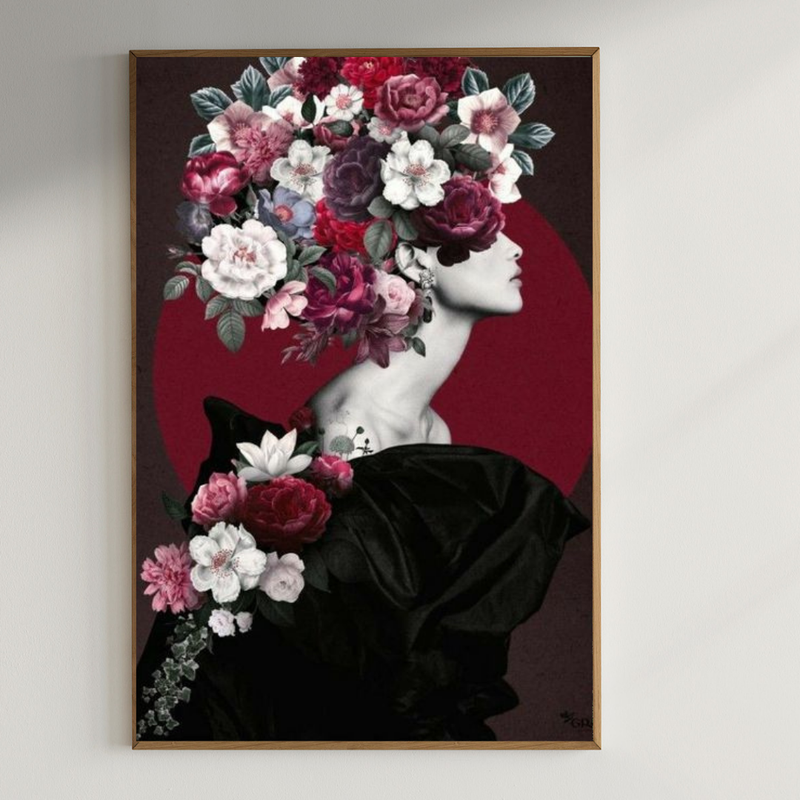 Beautiful lady with flowers on head|400 GSM Gallery-Wrapped Canvas on Premium 1.5x1.5 inch Pine Wood Frame