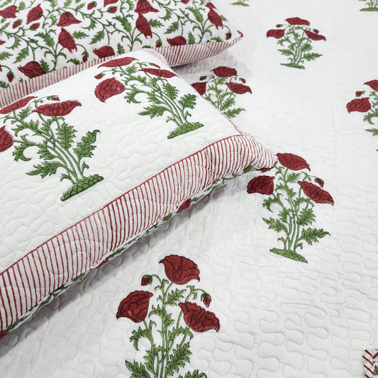 Red Floral Hand blocked Double Reversible Quilted Bed Cover with two Quilted pillow covers in Pure Mumul cotton-90 x 108 inches