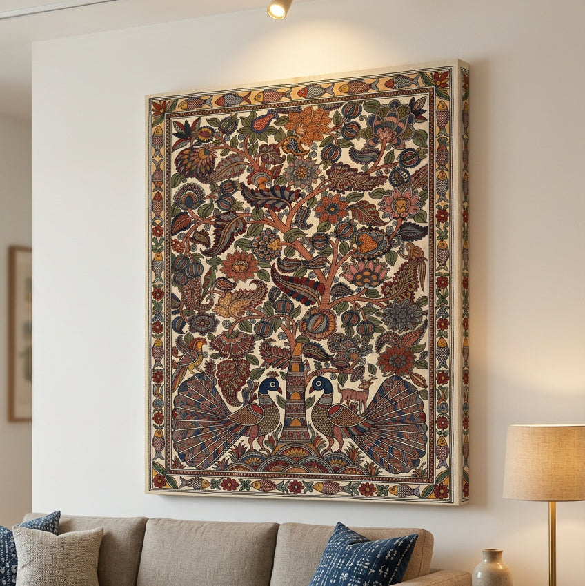 Kalamkari Canvas wall art|Floral and Peacock motifs|400 GSM Gallery-Wrapped Canvas