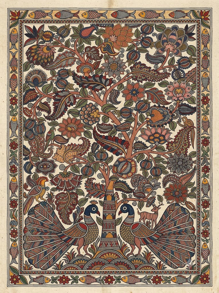 Kalamkari Canvas wall art|Floral and Peacock motifs|400 GSM Gallery-Wrapped Canvas
