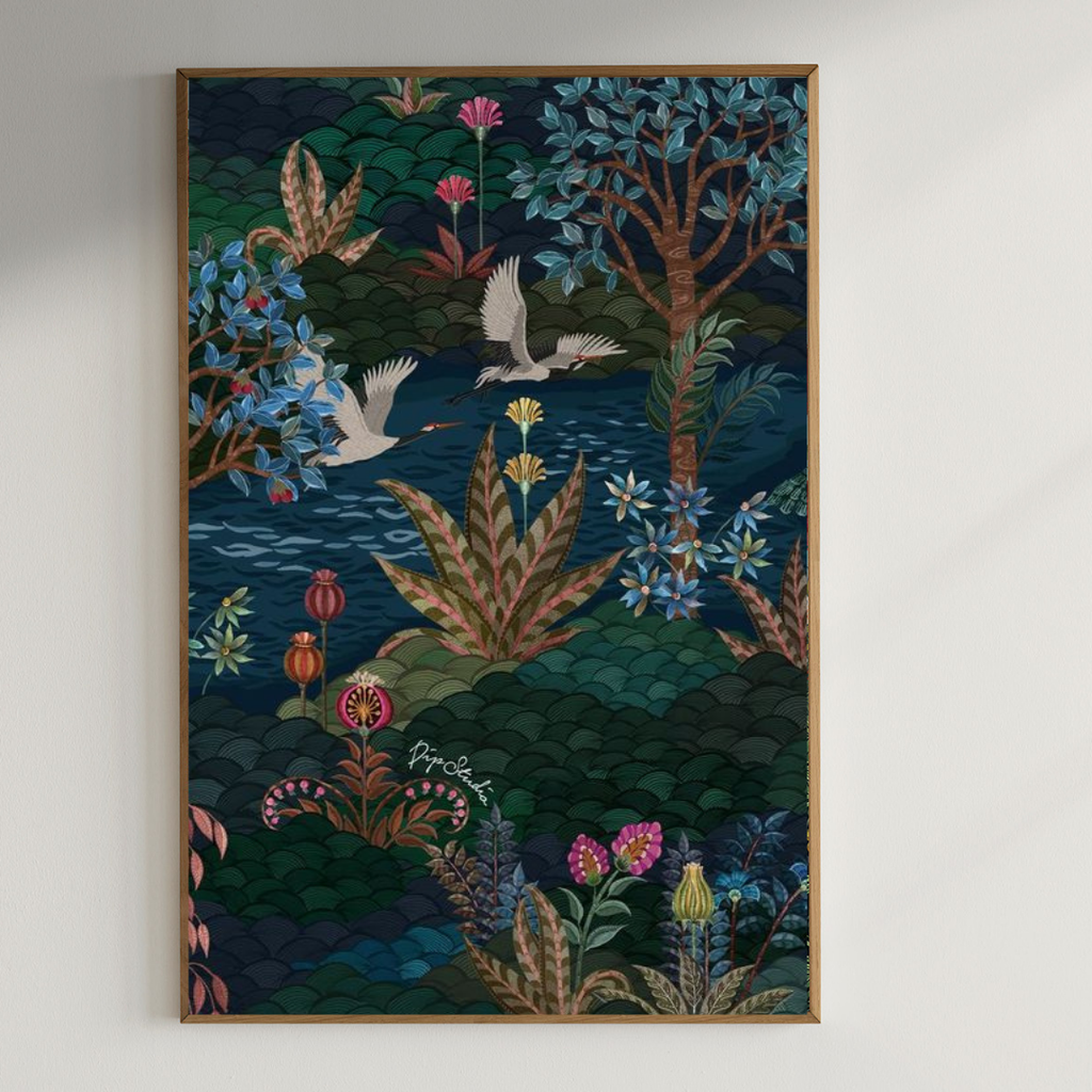 Artistic botanical pattern with bird painting| 350 GSM Gallery-Wrapped Canvas on Premium 1x1 inch Pine Wood Frame"