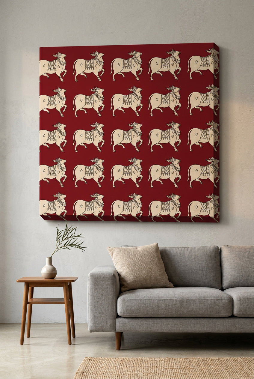 Kalamkari Canvas wall art|Cow|400 GSM Gallery-Wrapped Canvas
