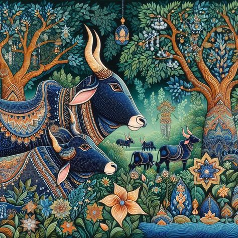 Beautiful Cow painting with intricated pattern| 350 GSM Gallery-Wrapped Canvas on Premium 1x1 inch Pine Wood Frame"