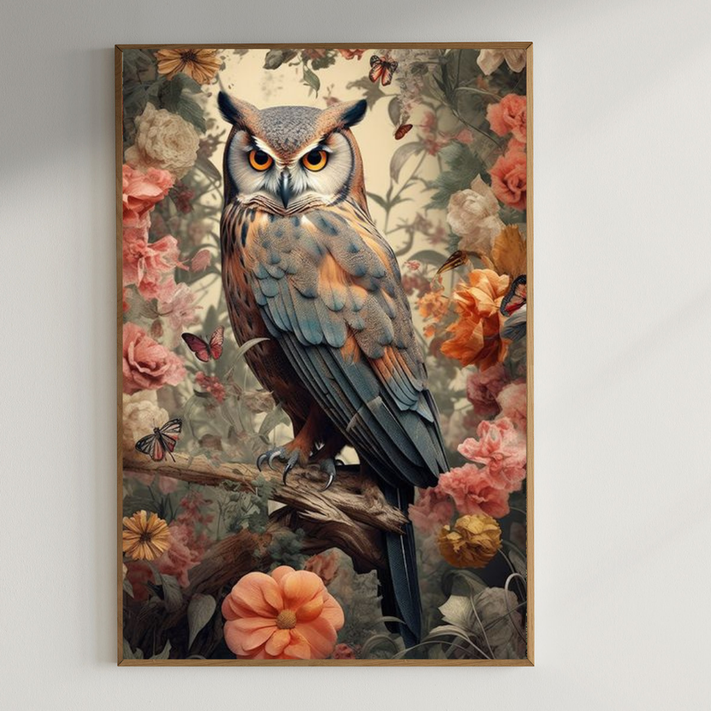 Artful Owl with floral pattern| 350 GSM Gallery-Wrapped Canvas on Premium 1x1 inch Pine Wood Frame"