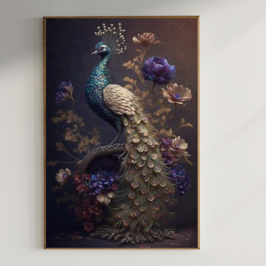 Beautiful peacock with floral pattern| 350 GSM Gallery-Wrapped Canvas on Premium 1x1 inch Pine Wood Frame"