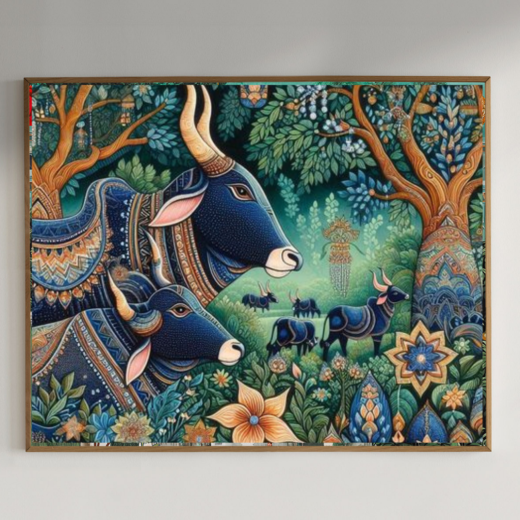 Beautiful Cow painting with intricated pattern| 350 GSM Gallery-Wrapped Canvas on Premium 1x1 inch Pine Wood Frame"