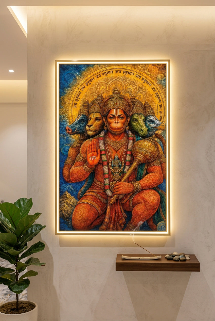 Devotional wall art| Panchmukhi Hanumaji  Crystal with LED for home vastu