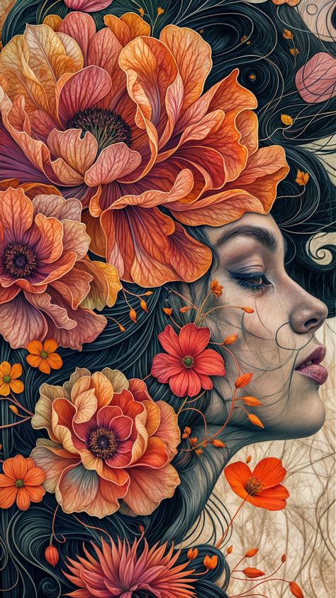 Artistic woman with floral head| 350 GSM Gallery-Wrapped Canvas on Premium 1x1 inch Pine Wood Frame"