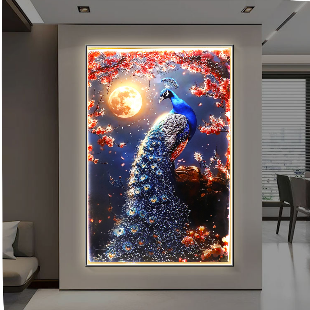 LED Peacock with Moon-crystal wall art| Bird painting|4x2.5 Feet