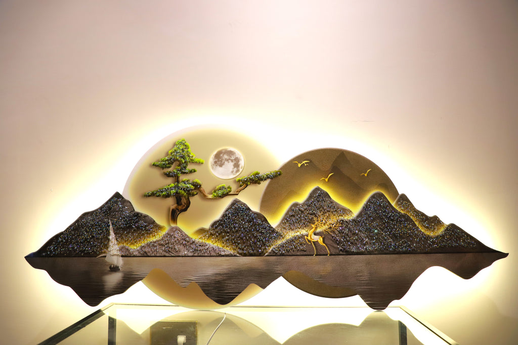 Luxury LED  Mountain Moon crystal wall painting|2x4.9 Feet