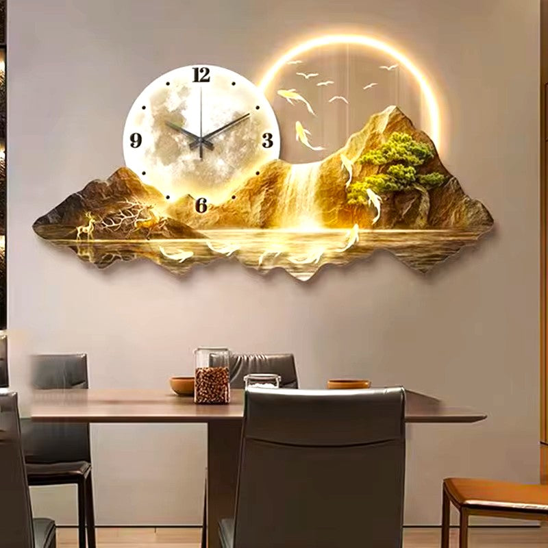 3D Crystal wall art with Clock|LED|Mountain-Waterfall|70x140 cm -Brown