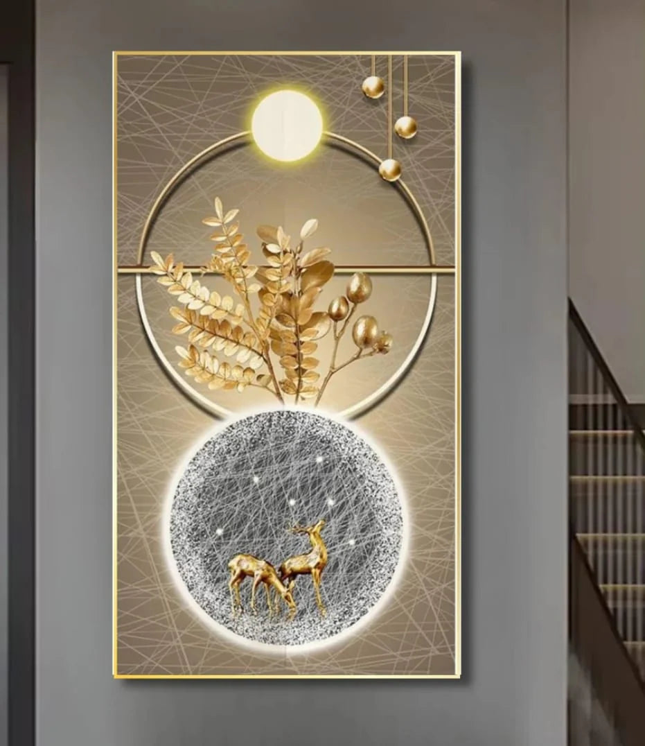 Magical Deer with Gold leaves Crystal Wall Painting With LED Light & Remote| Crystal Wall Painting |60 x120 cm