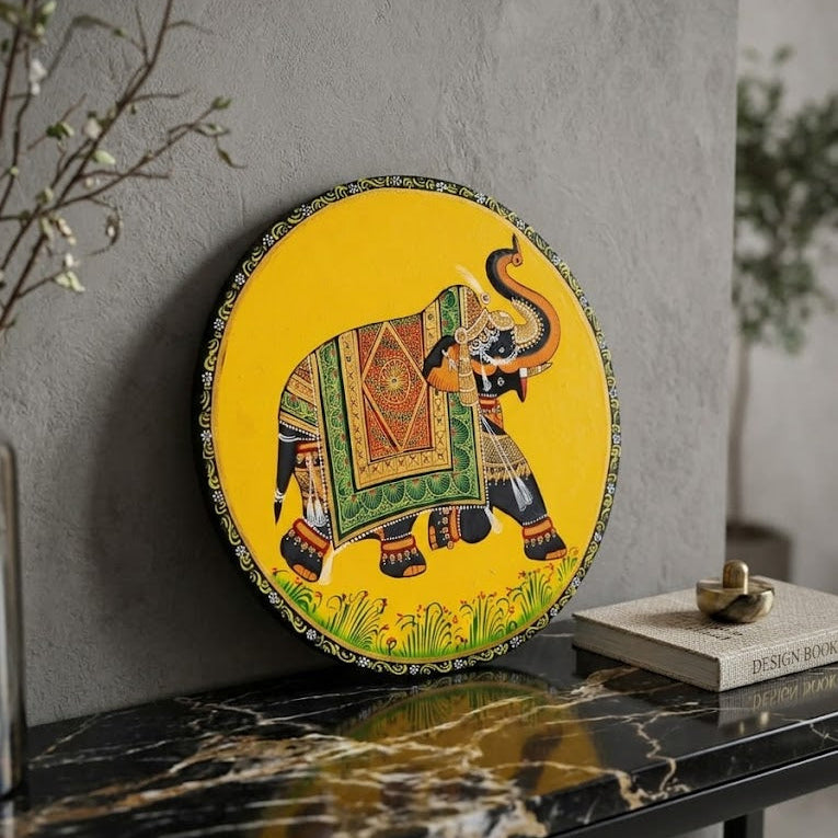 Handpainted wooden Pichwai round wall decor| 10 Inches| Oil painting| Elephant Pichwai
