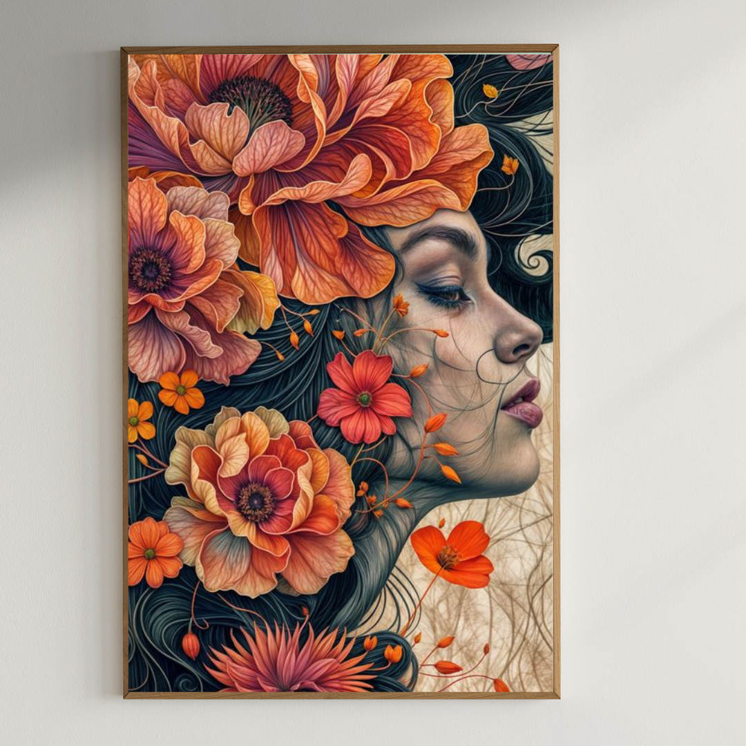 Artistic woman with floral head| 350 GSM Gallery-Wrapped Canvas on Premium 1x1 inch Pine Wood Frame"