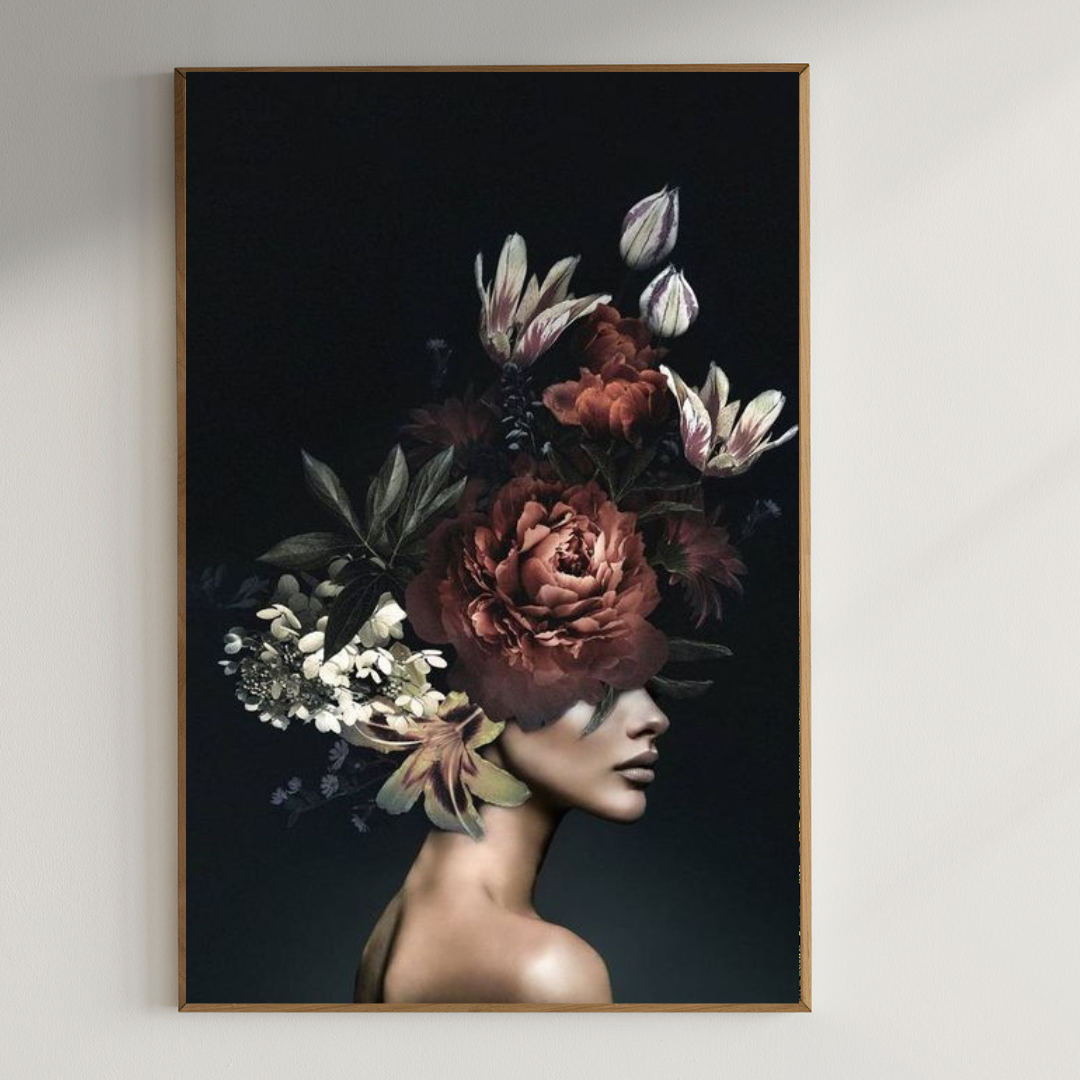 Artistic woman with flower on head| 350 GSM Gallery-Wrapped Canvas on Premium 1x1 inch Pine Wood Frame"