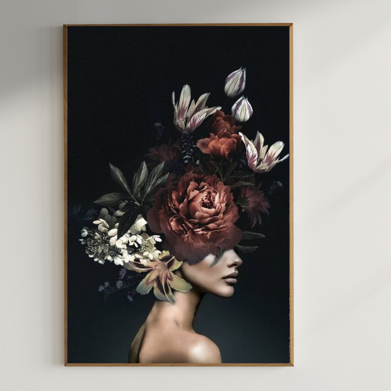 Artistic woman with flower on head|400 GSM Gallery-Wrapped Canvas on Premium 1.5x1.5 inch Pine Wood Frame