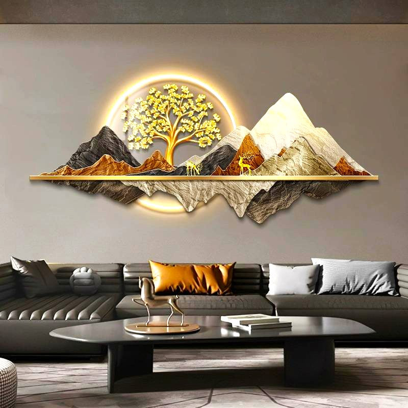 Attractive Mountain crystal wall art with Golden Tree-Deer|2X4.9 Feet