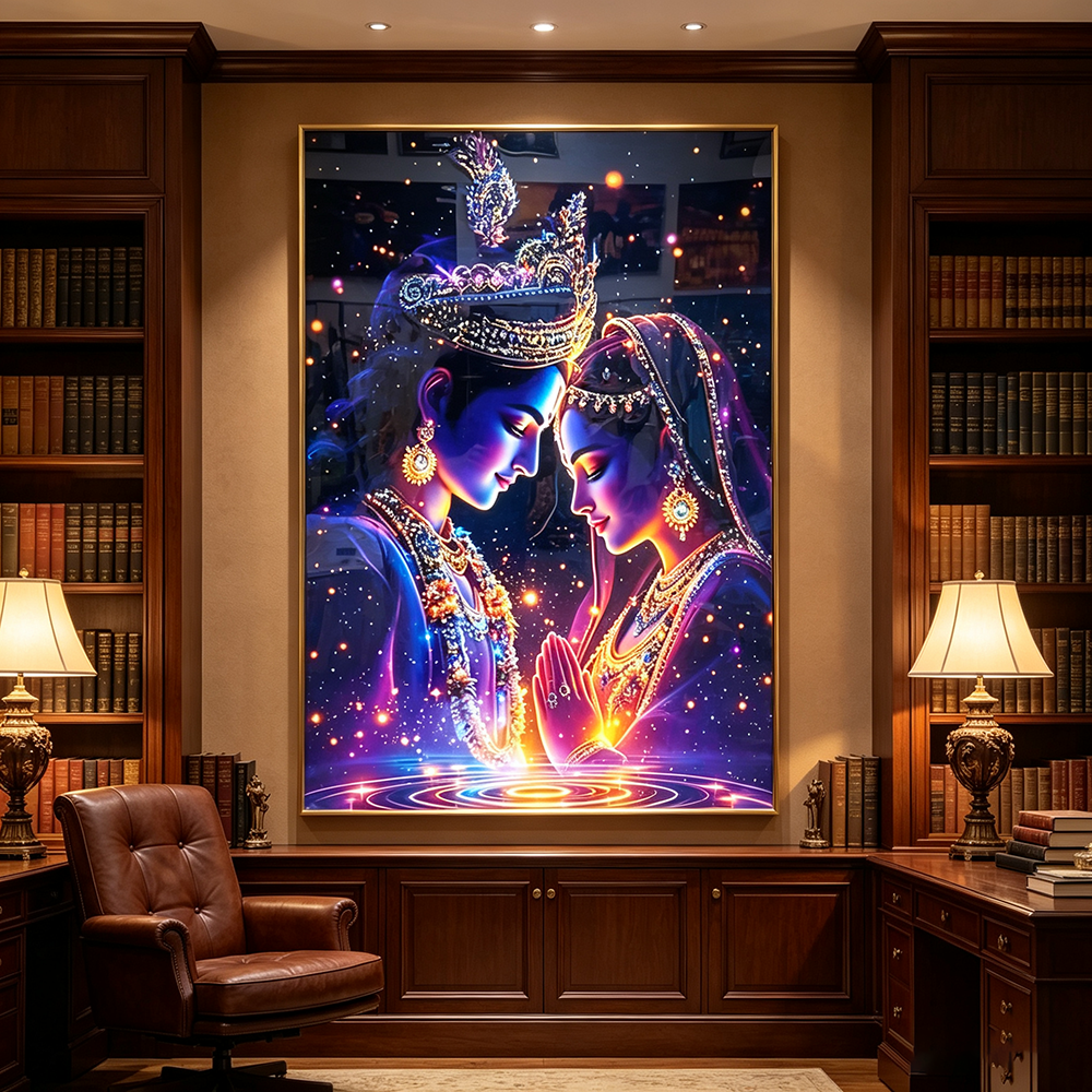 Illuminating Radha-Krishna Crystal wall art with LED
