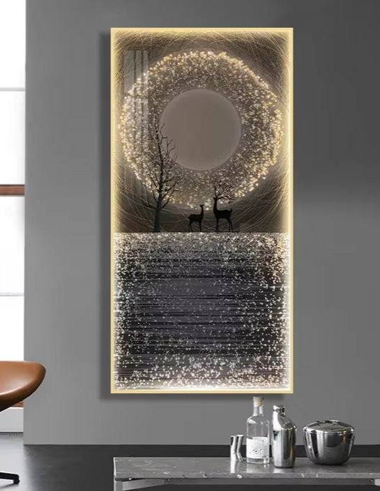 Deer on Moon crystal wall painting with LED|24X48 Inches