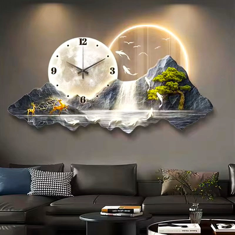 3D Crystal wall art with Clock|LED|Mountain-Waterfall|70x140 cm
