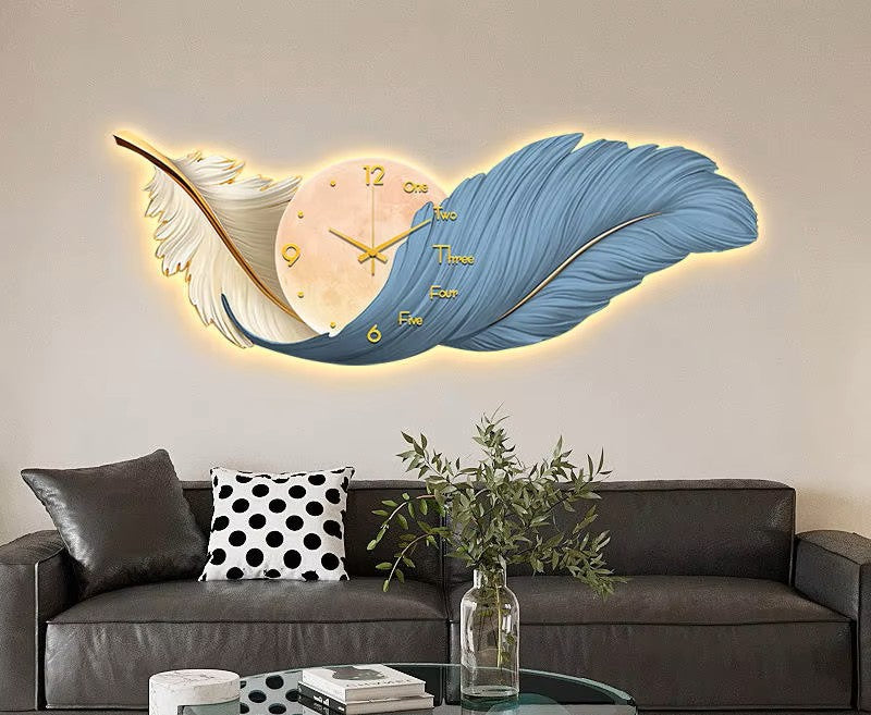 Blue Feather Elegance – Premium Wall Clock with LED|2x4.9 Feet