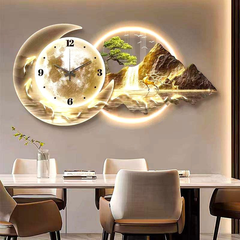 Beautiful Moon- Mountain-waterfall wall clock with LED|80x120 cm