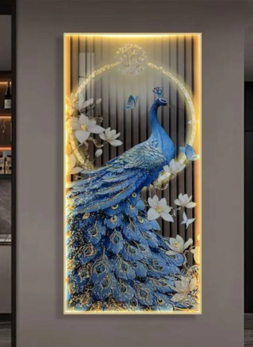 Celestial Beauty Peacock – Where Petals Meet Plumes| crystal wall painting|24x48 Inches