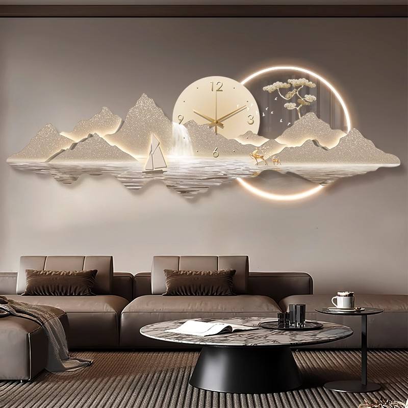 Attractive Mountain-waterfall crystal wall art with Clock+LED|2X4.9 Feet