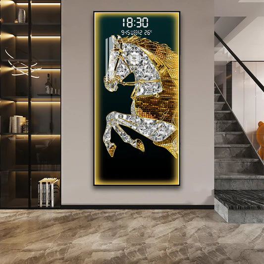 Stunning digital clock with LED wall art| 120x60 cm| Gold Silver Horse