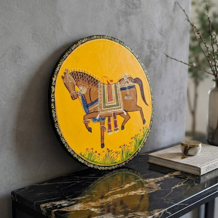 Handpainted wooden Pichwai round wall decor| 10 Inches| Oil painting| Horse Pichwai