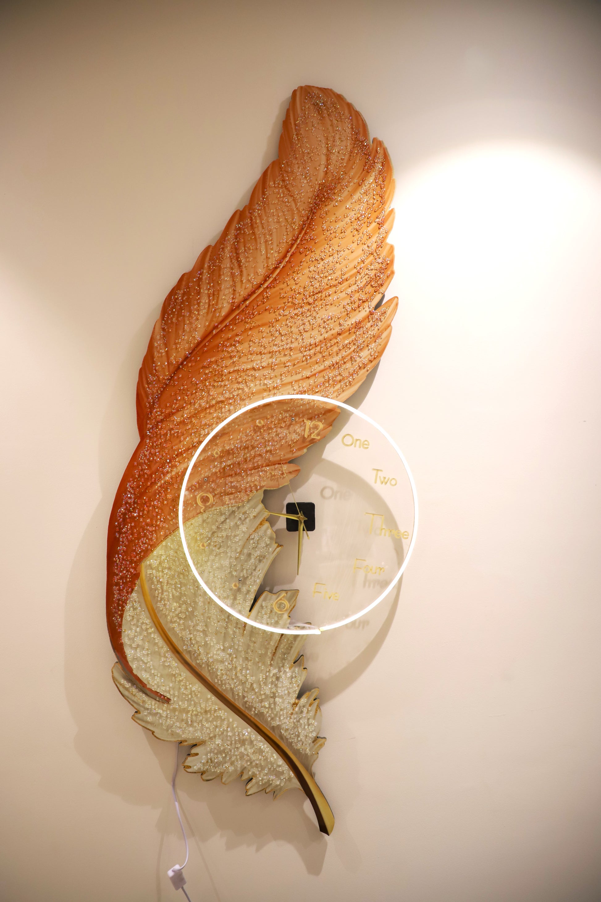 Mesmerising Orange Feather with LED Clock crystal painting||60*150CM
