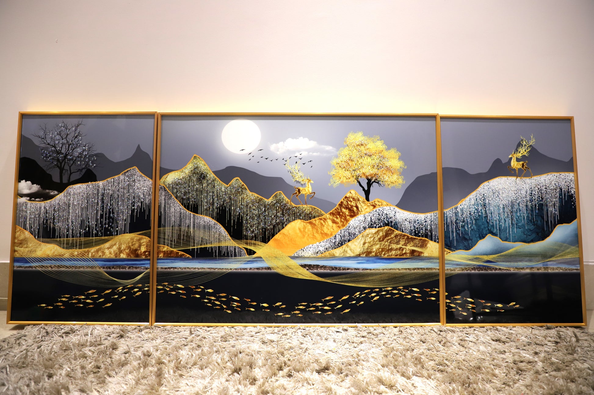 The Glowing Stream – Set of -3 |Luxury Crystal wall art|40*60*2+60*80cm