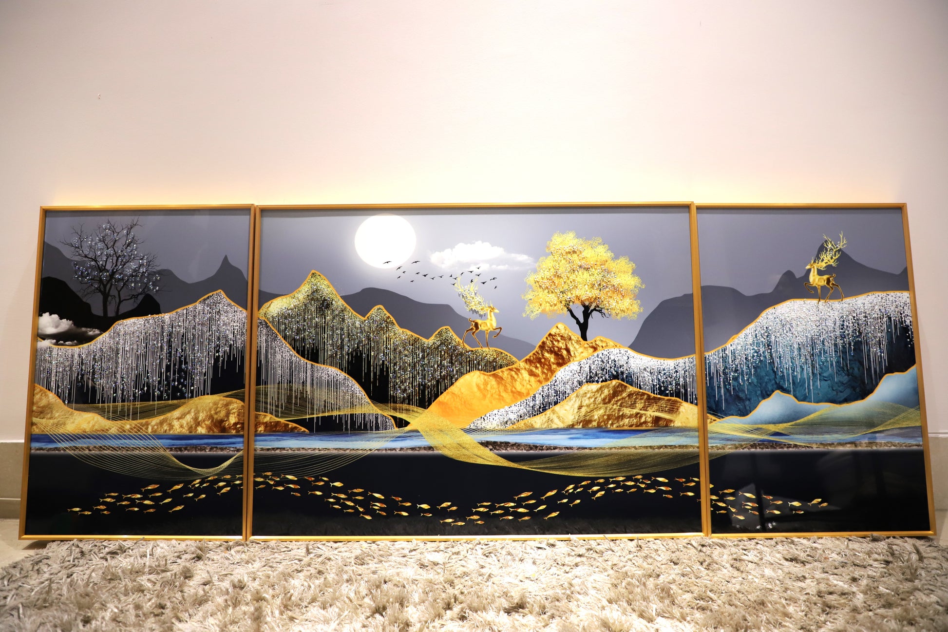 The Glowing Stream – Set of -3 |Luxury Crystal wall art|40*60*2+60*80cm