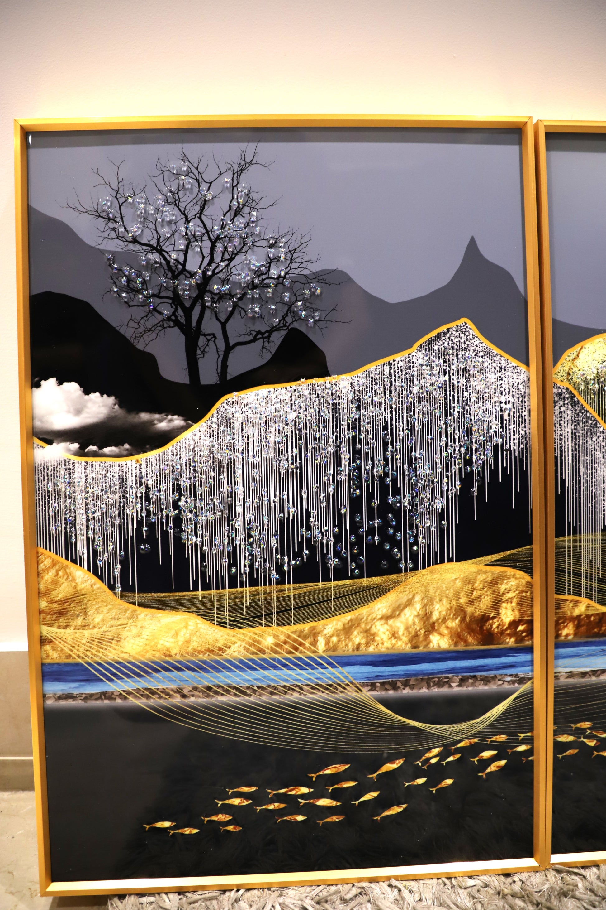 The Glowing Stream – Set of -3 |Luxury Crystal wall art|40*60*2+60*80cm