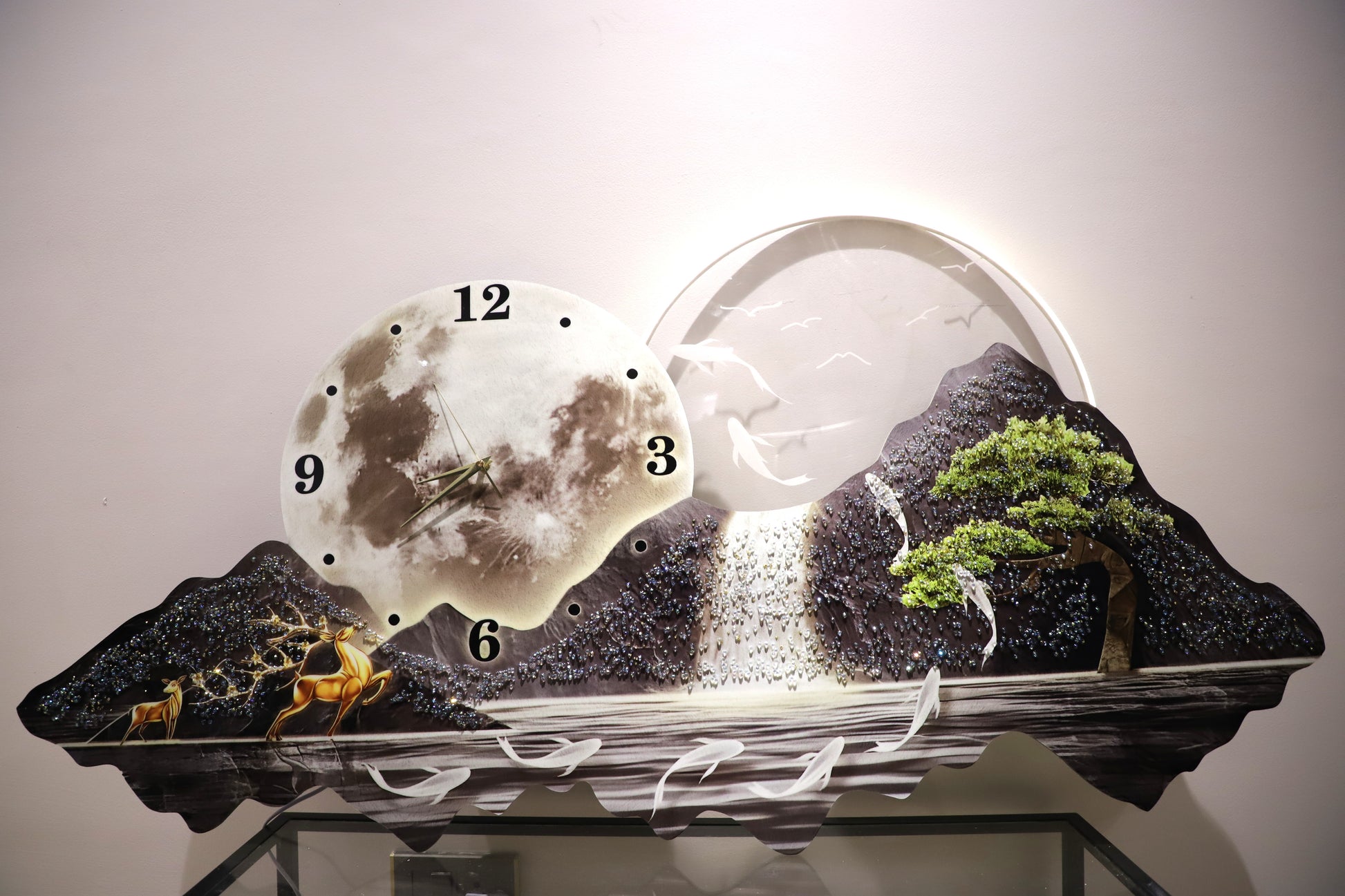 3D Crystal wall art with Clock|LED|Mountain-Waterfall|2x4.9 Feet