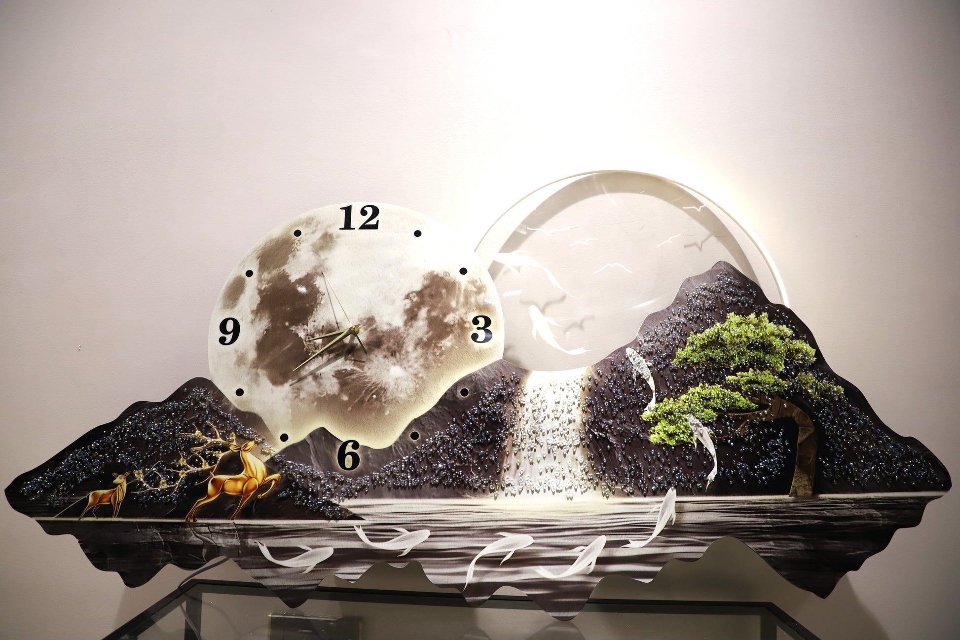 3D Crystal wall art with Clock|LED|Mountain-Waterfall|2x4.9 Feet