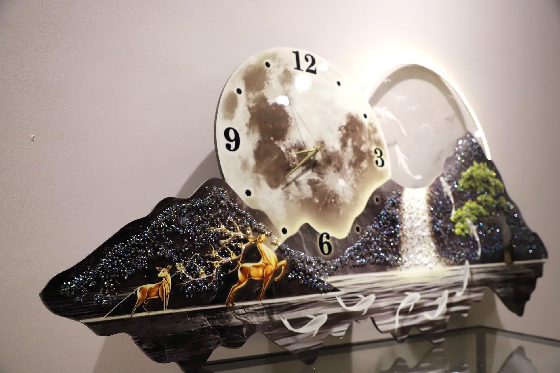3D Crystal wall art with Clock|LED|Mountain-Waterfall|2x4.9 Feet