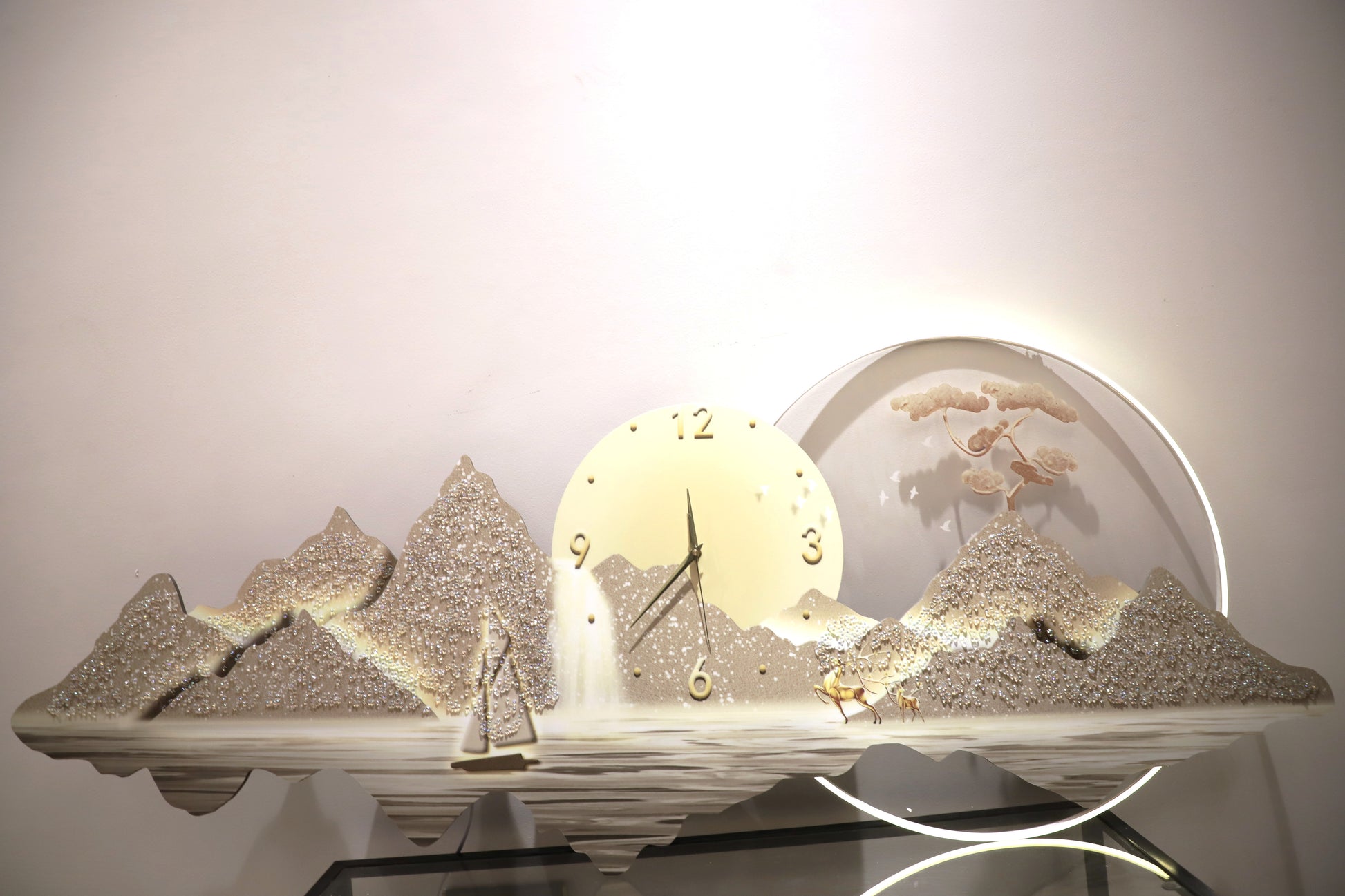 Attractive Mountain-waterfall crystal wall art with Clock+LED|2X4.9 Feet