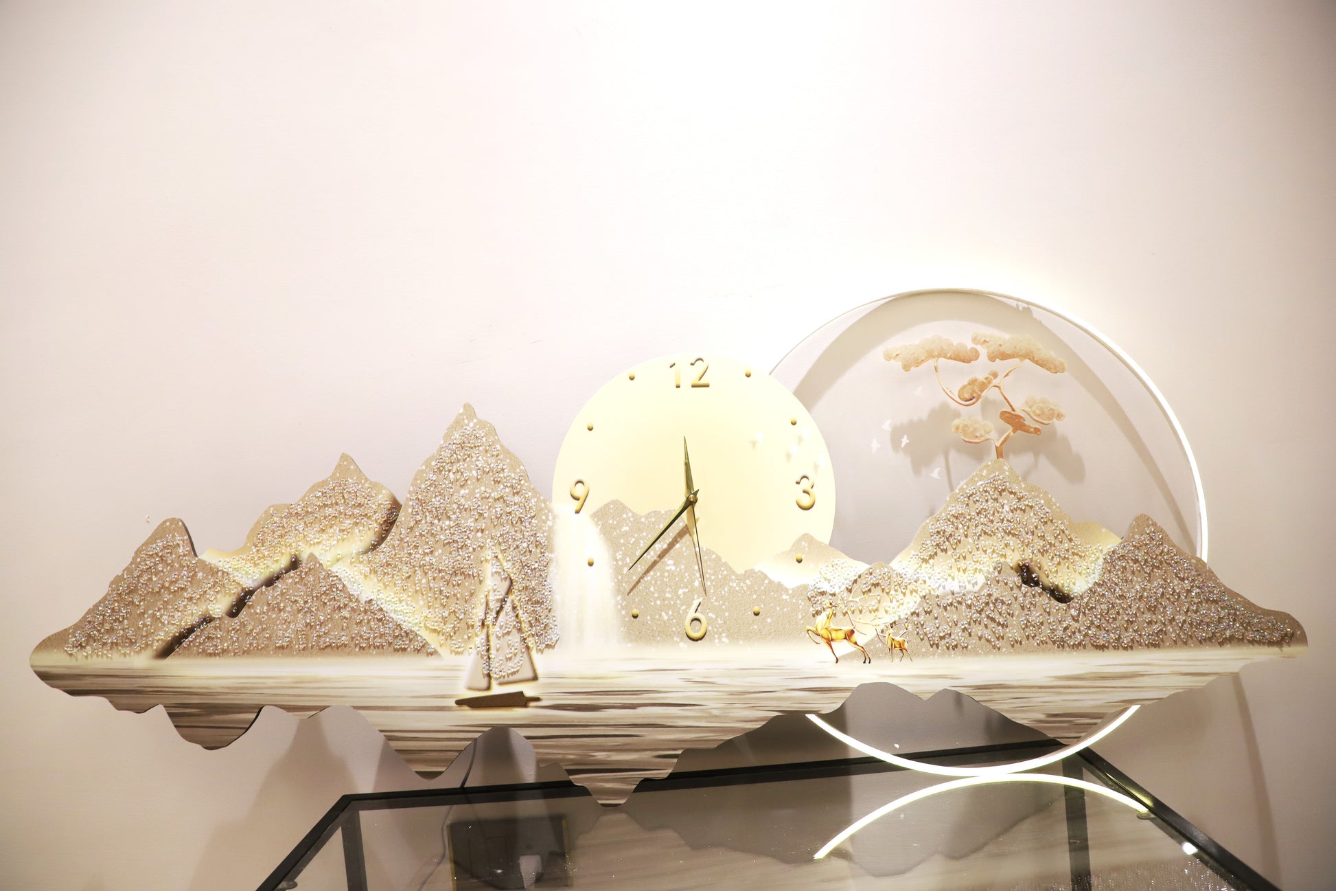 Attractive Mountain-waterfall crystal wall art with Clock+LED|2X4.9 Feet