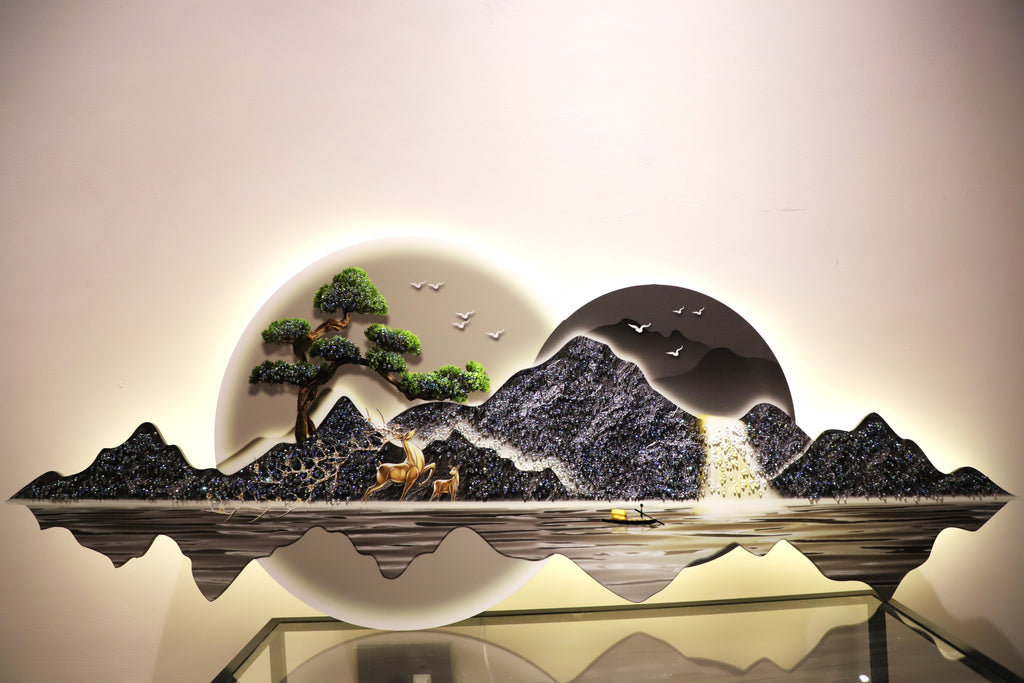 Attractive 3D Mountain-Deer-Waterfall Crystal painting with LED|2X4.9Feet