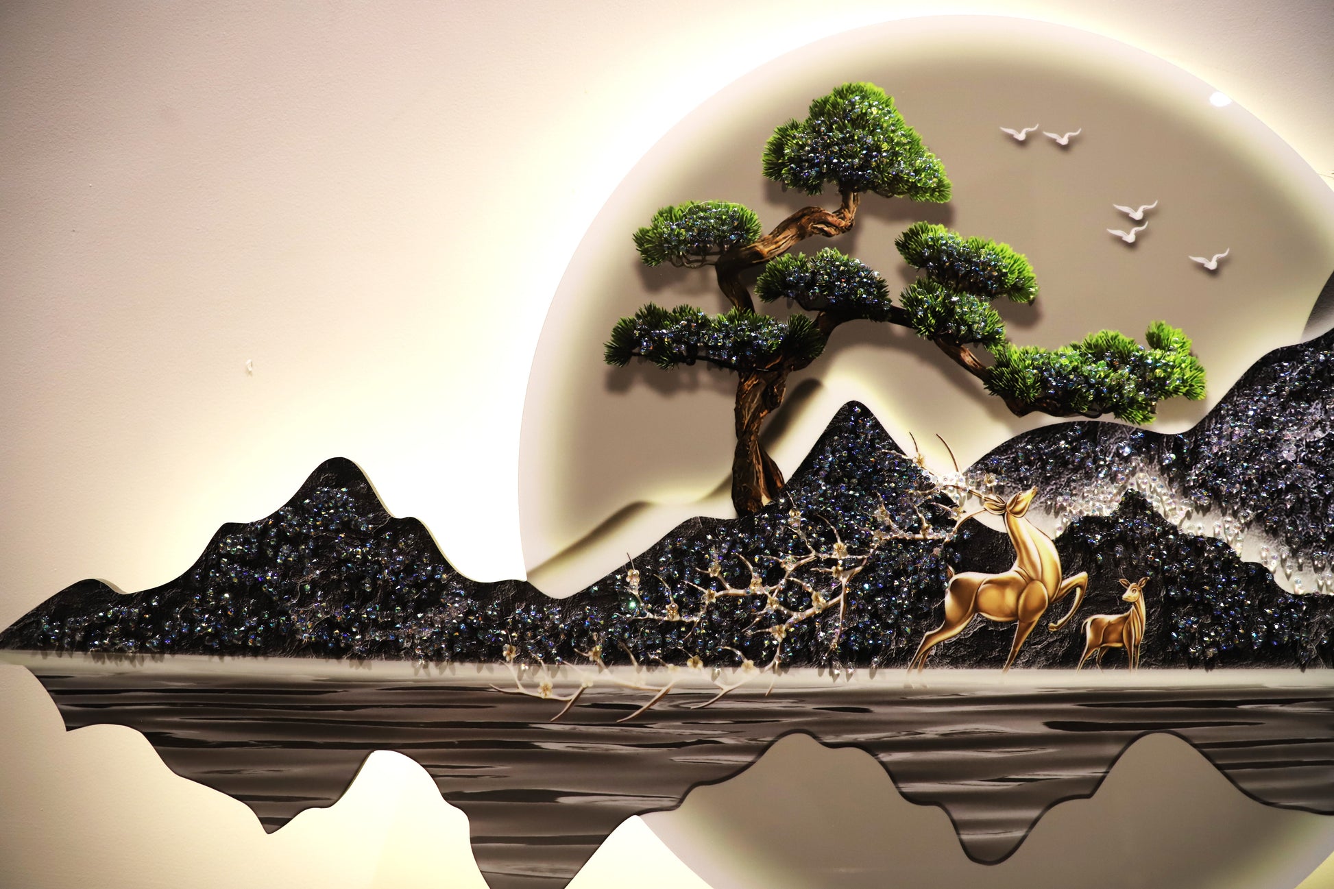 Attractive 3D Mountain-Deer-Waterfall Crystal painting with LED|2X4.9Feet