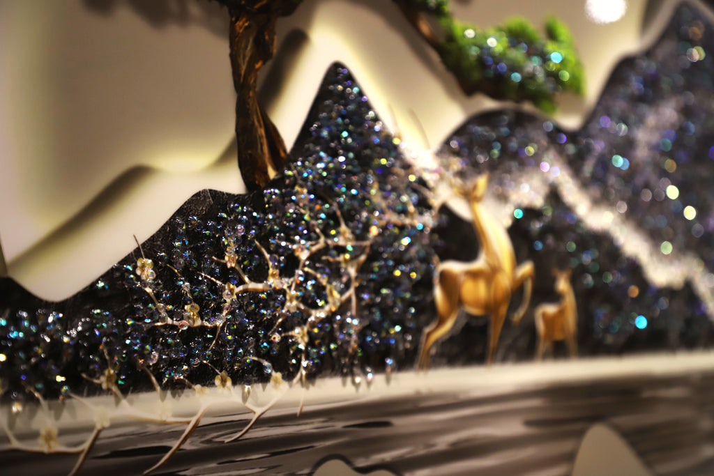 Attractive 3D Mountain-Deer-Waterfall Crystal painting with LED|2X4.9Feet