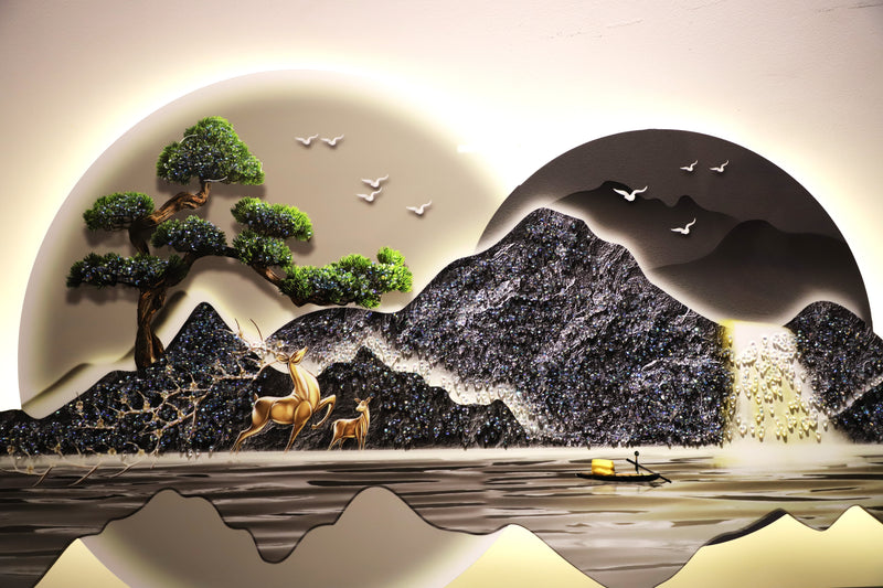 Attractive 3D Mountain-Deer-Waterfall Crystal painting with LED|2X4.9Feet